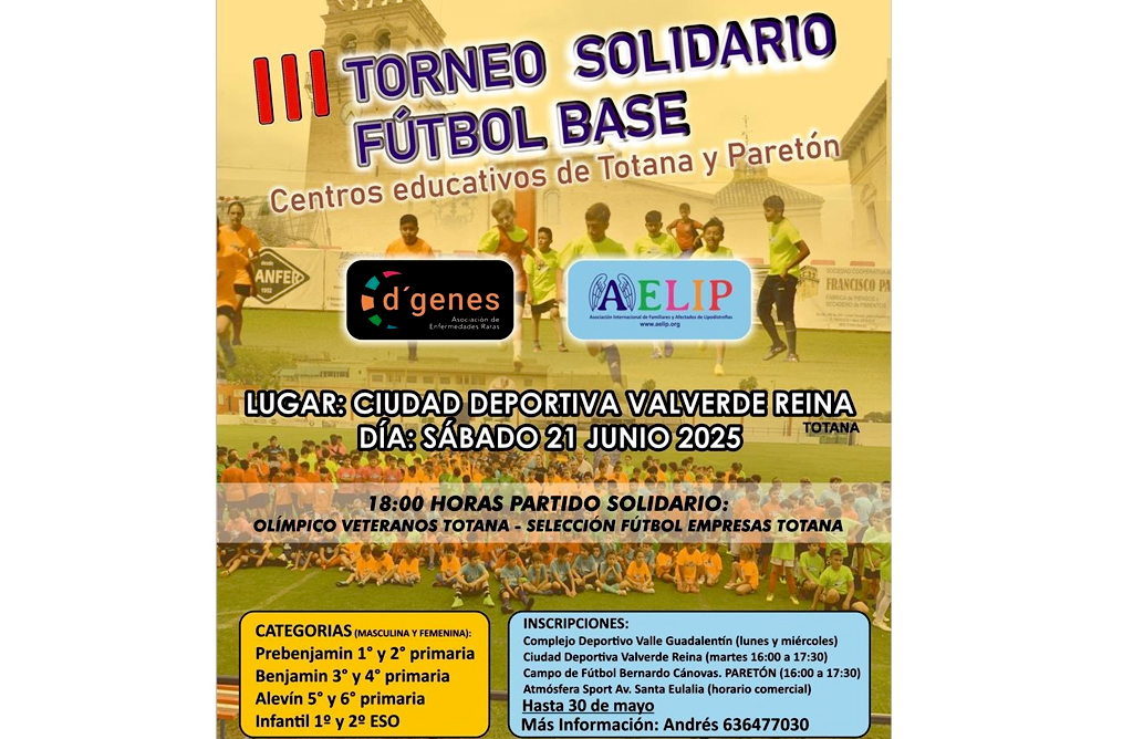 El III Torneo Solidario Ftbol Base Centros Educativos de Totana y Paretn se celebrar el 21 de junio